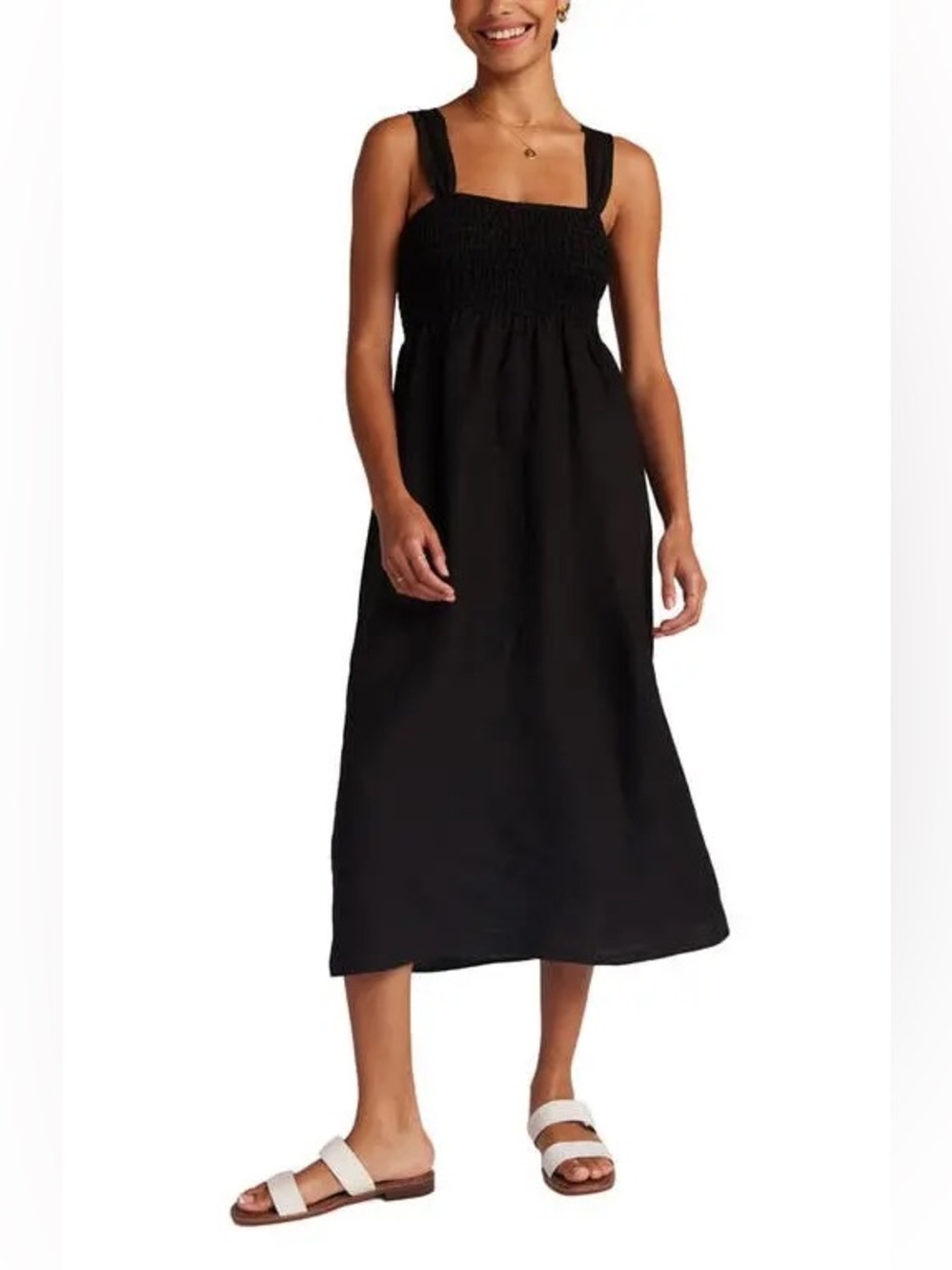 Bella Dahl Smocked Linen Sundress Black Midi Dress Size S